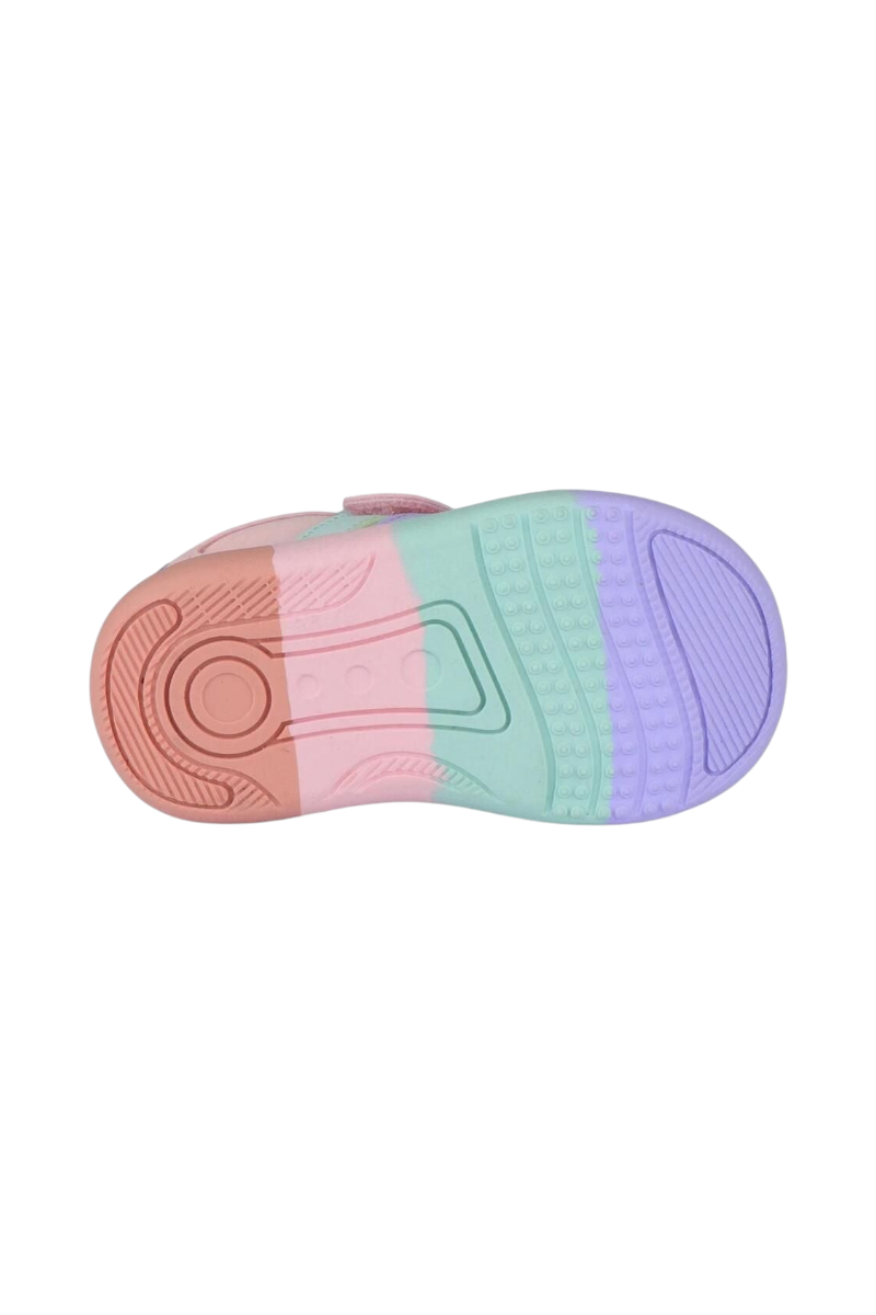 Sporline Vicco pudra pembe suni deri çocuk sneaker ayakkabısının renkli gökkuşağı desenli taban görünümü