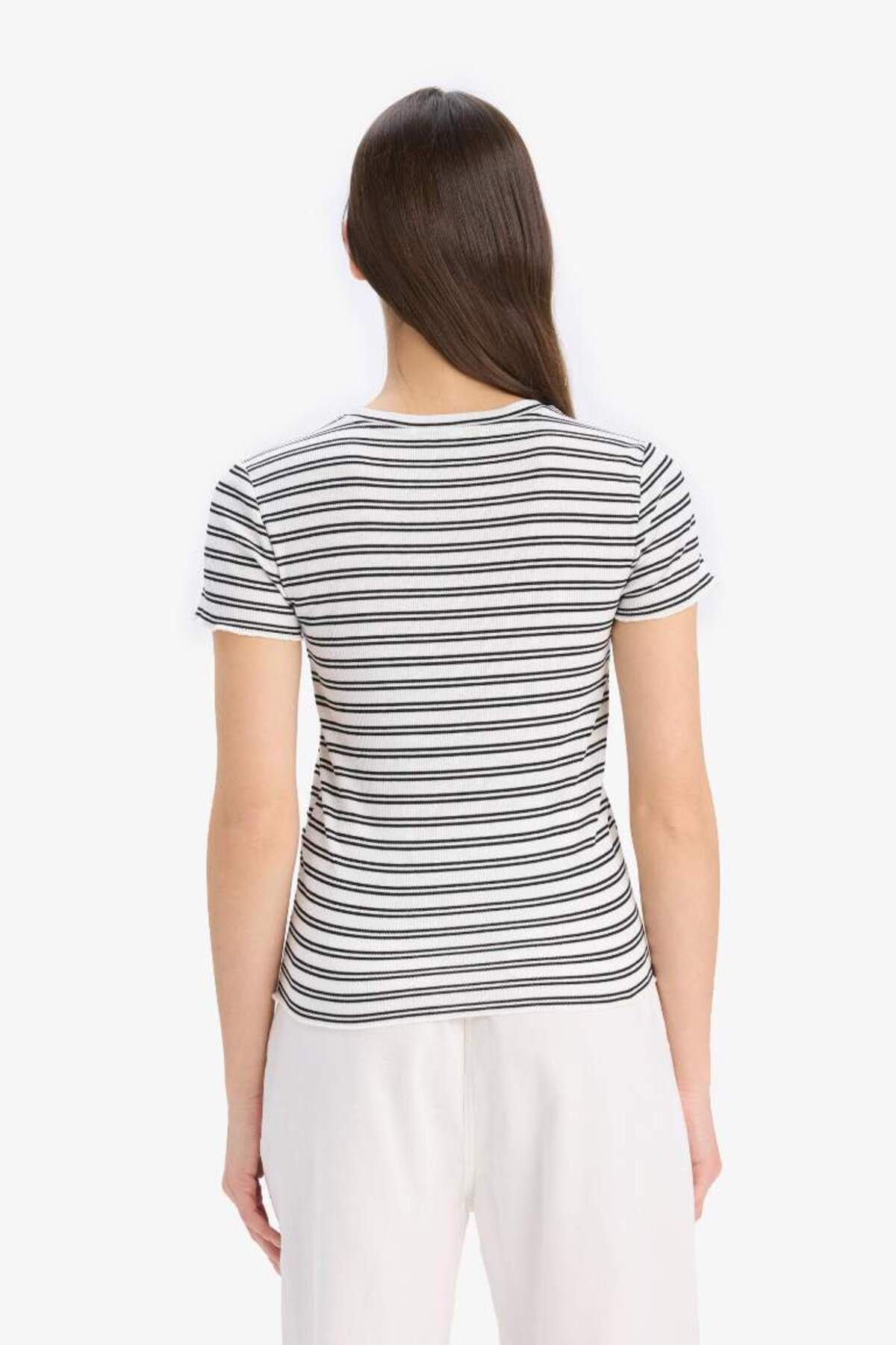 DeFacto Kadın Çizgili T-Shirt K1965AZ - Kırık Beyaz