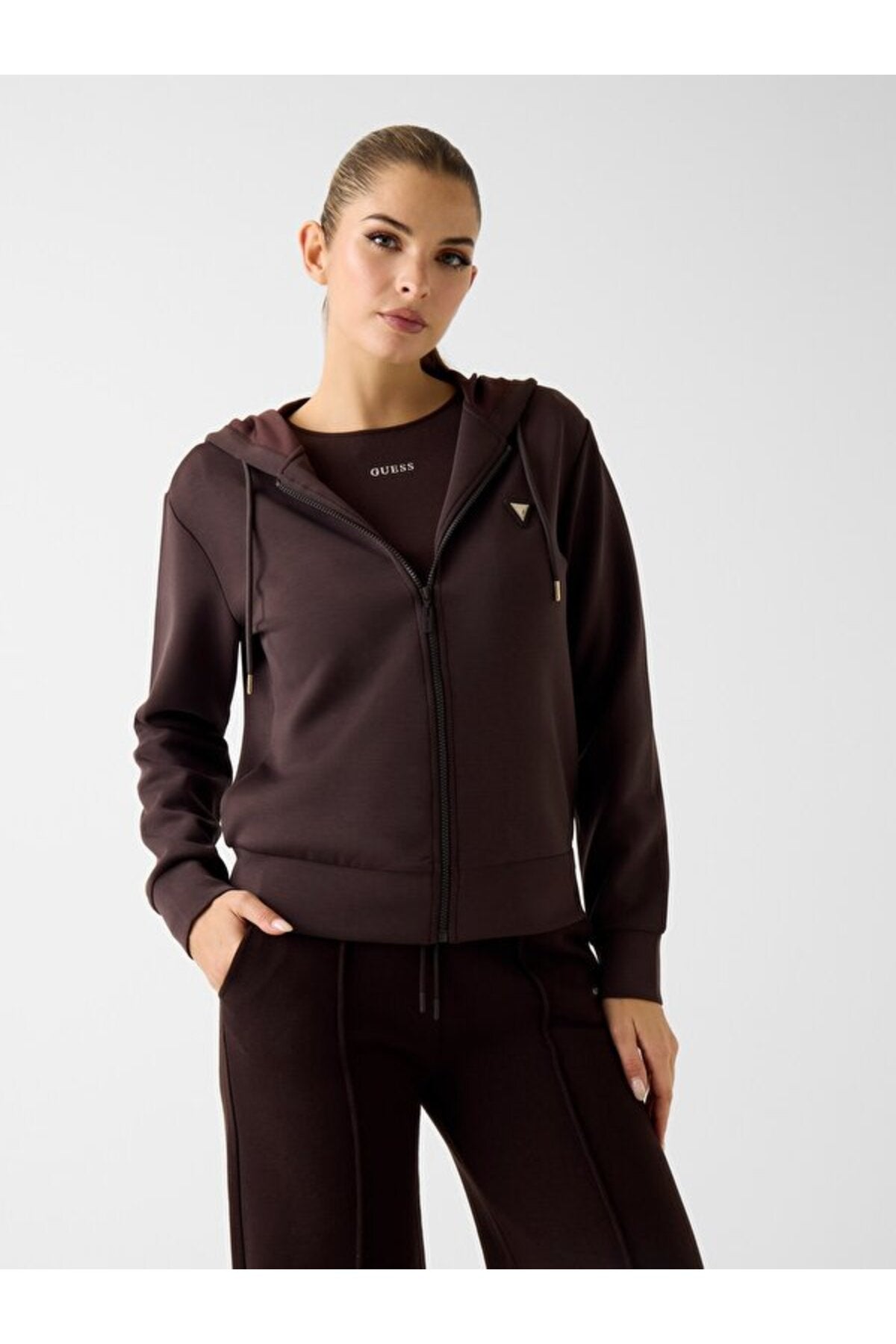 Guess Olympe Kadın Kapüşonlu Fermuarlı Sweatshirt V4YQ06KCAY2 - Kahverengi