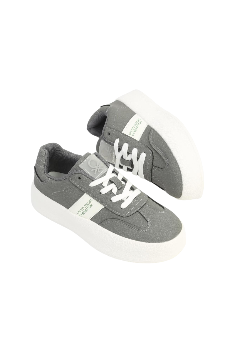 Sporline Benetton gri suni deri kadın sneaker, beyaz tabanlı ve bağcıklı günlük spor ayakkabı modeli