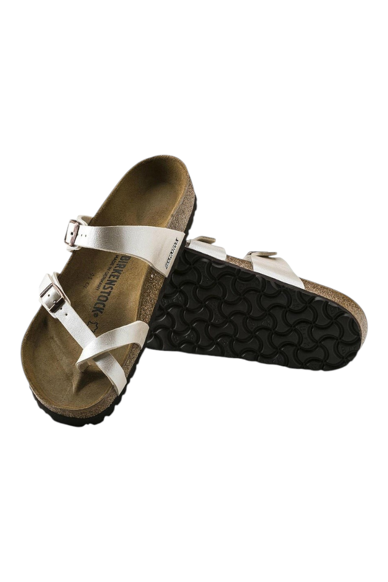Sporline Birkenstock Mayari beyaz kadın terlik, mantar tabanlı ve ayarlanabilir tokalı şık tasarım
