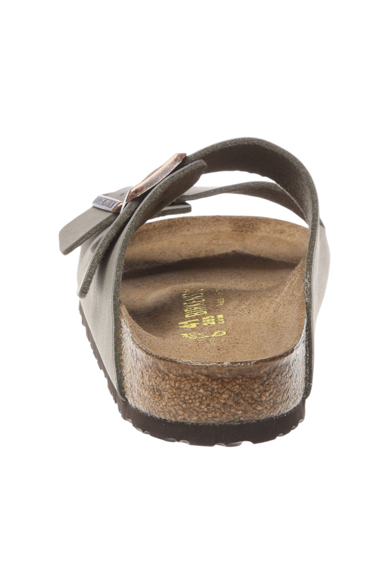Sporline Birkenstock Arizona unisex deri terlik, kum beji renginde, arkadan görünüm ve mantar taban detaylı