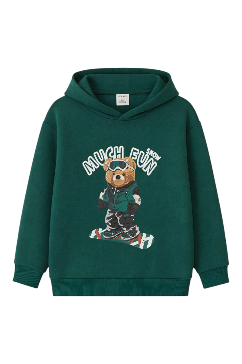 Sporline LC Waikiki koyu yeşil renkli, kayak yapan ayıcık baskılı, kapüşonlu çocuk sweatshirt