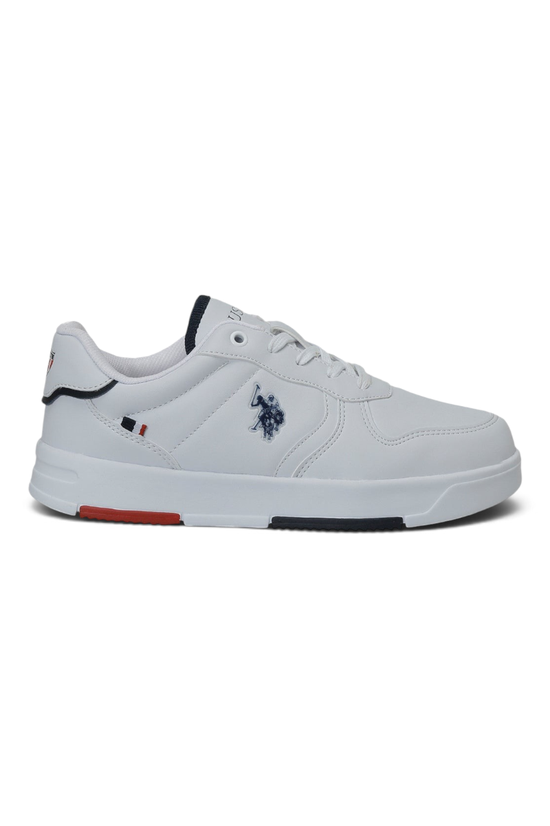 Sporline U.S. Polo Assn. beyaz tekstil kadın sneaker, yan tarafta marka logolu ve renkli taban detaylı spor ayakkabı