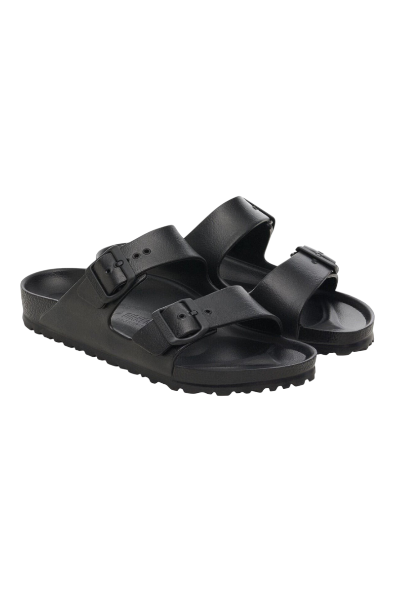 Sporline Birkenstock Arizona Eva siyah kadın terlik, iki ayarlanabilir tokalı hafif ve suya dayanıklı tasarım.