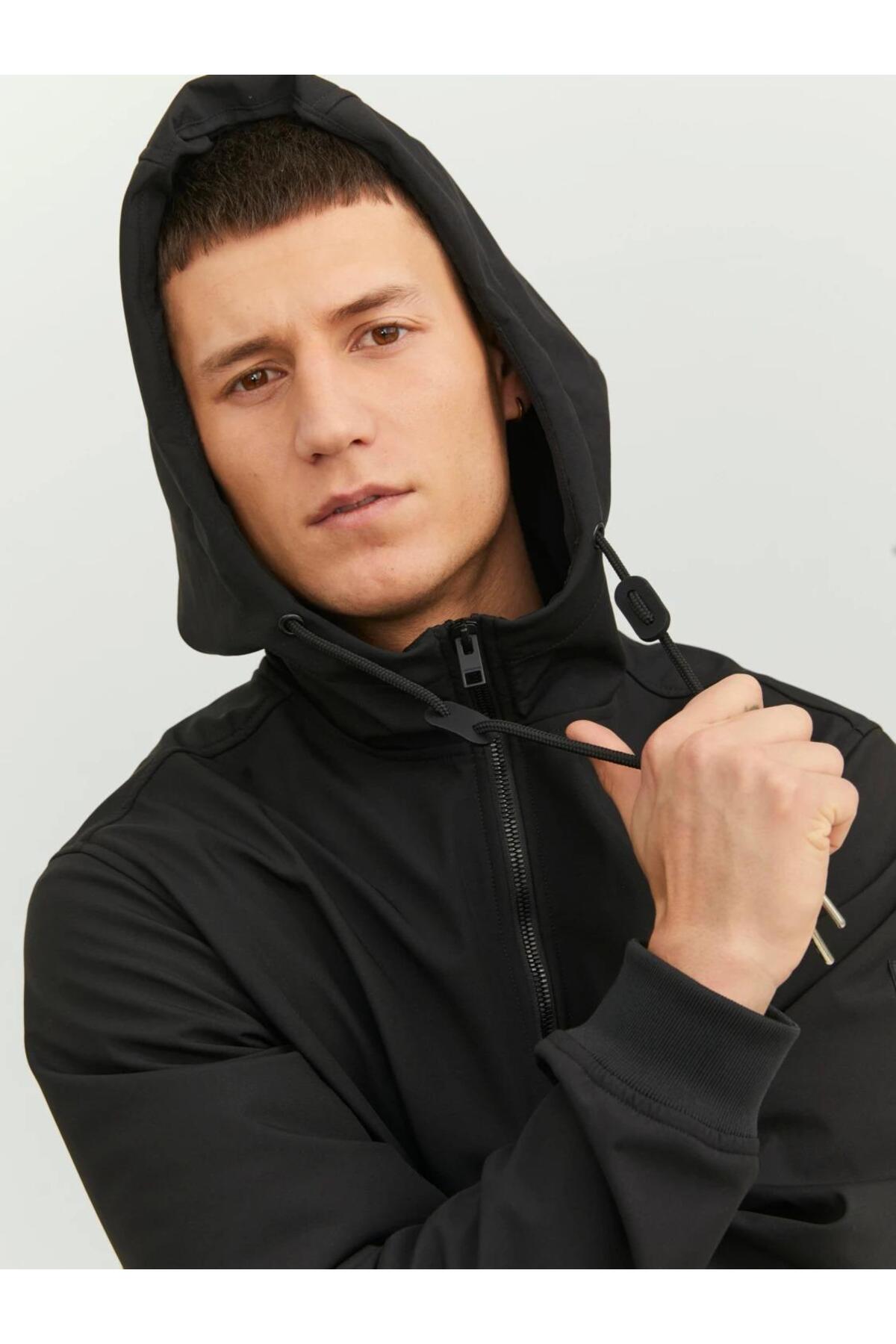 Jack & Jones Basic Erkek Kapüşonlu Softshell Mont 12236300 - Siyah