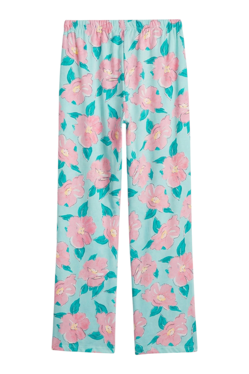 Sporline LC Waikiki su yeşili renkli, pembe çiçek desenli pamuklu kadın pijama altı
