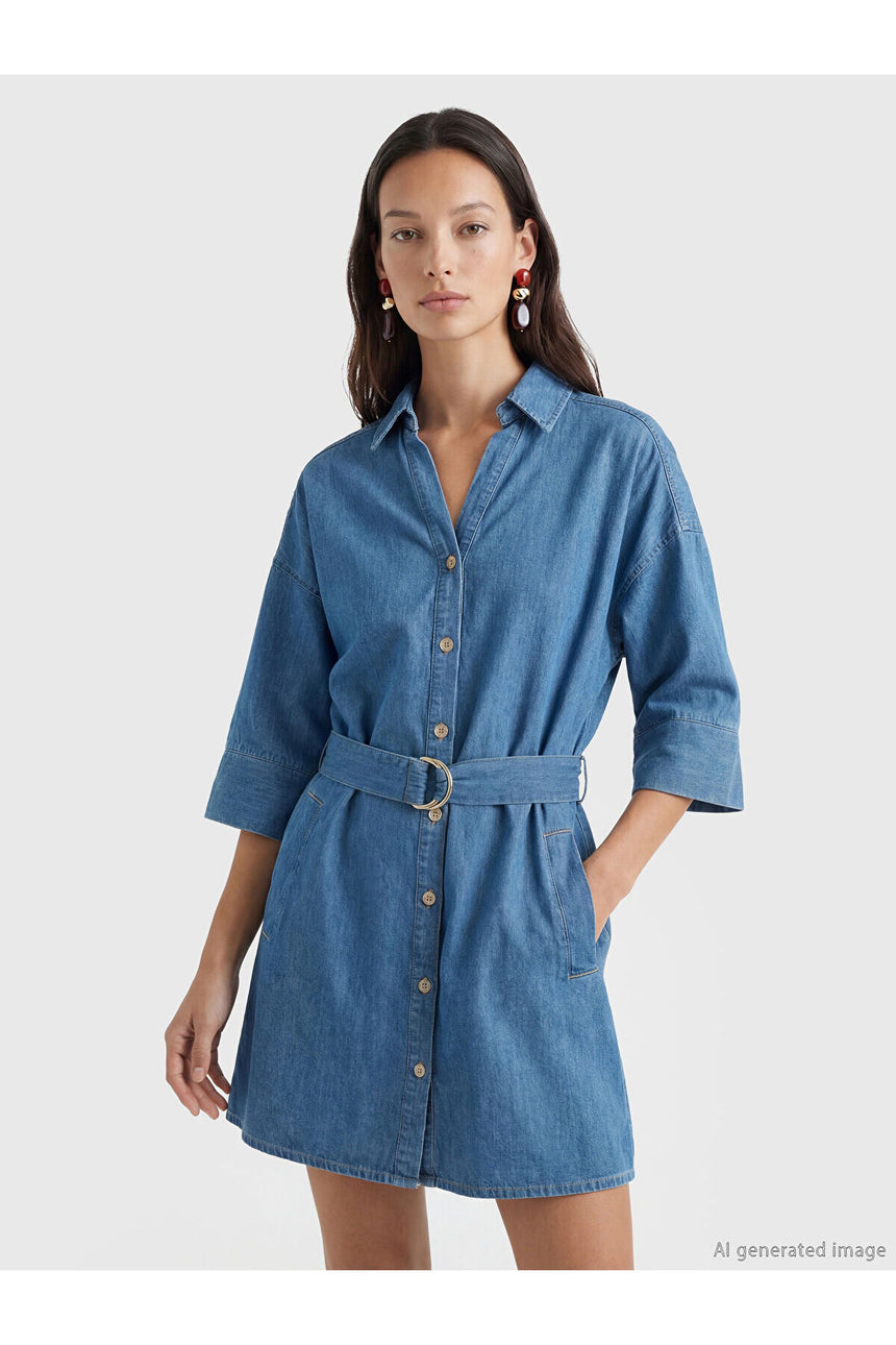 LC Waikiki Kadın Gömlek Yaka Mini Jean Elbise S6HT53B8 - İndigo Mavi