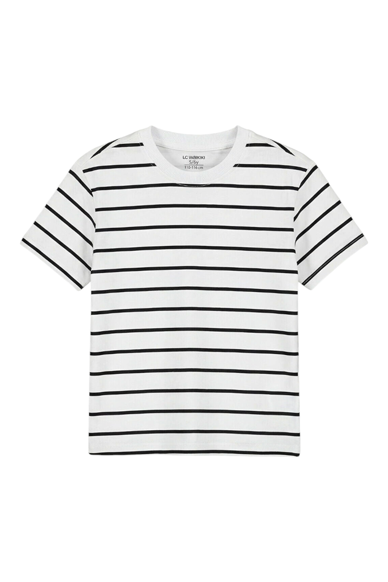 Sporline LC Waikiki beyaz siyah çizgili, kısa kollu, %100 pamuklu çocuk t-shirt