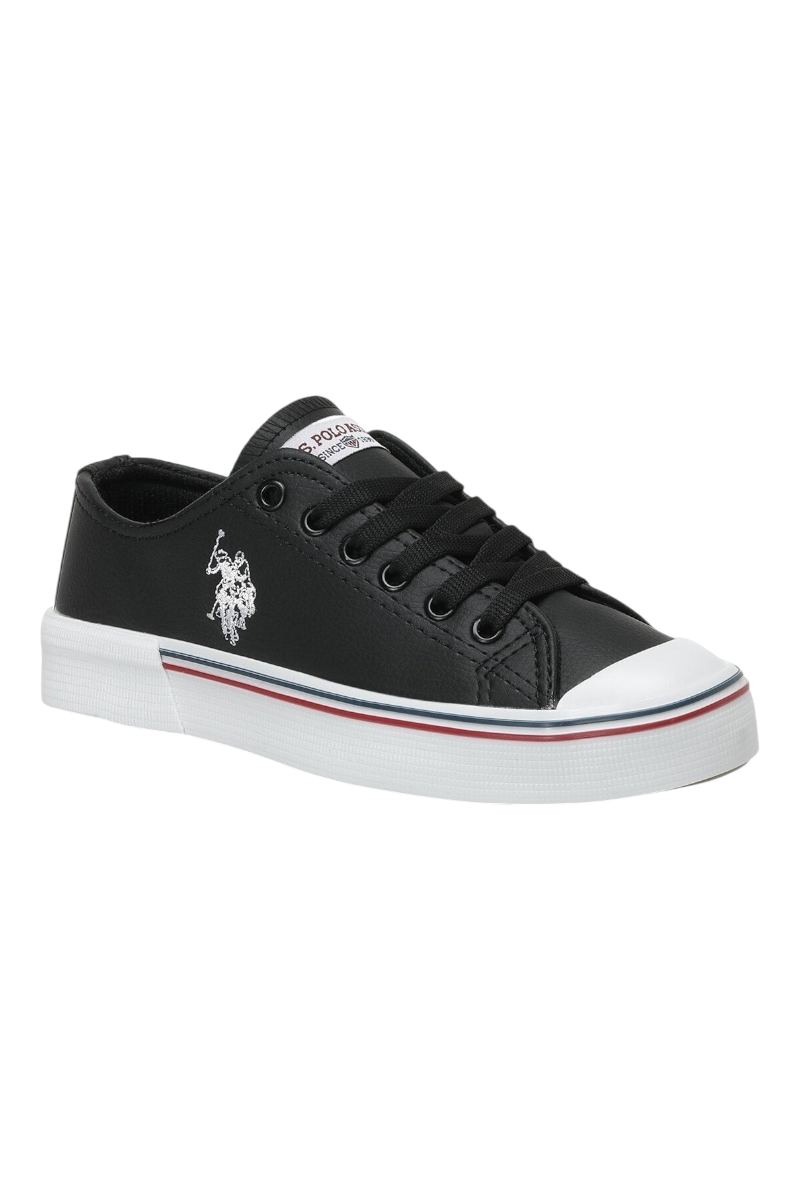 Sporline U.S. Polo Assn. siyah PU erkek sneaker, yan kısmında beyaz logo detayı ve çizgili taban tasarımı