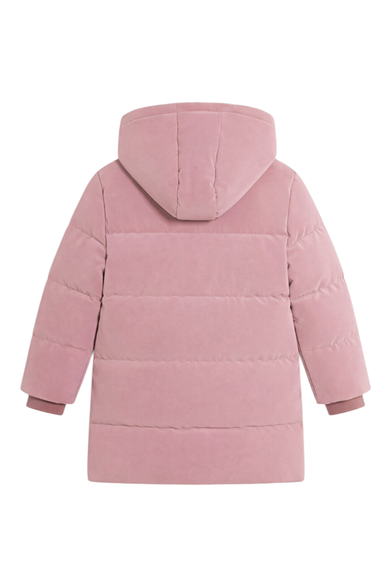 Sporline LC Waikiki mat lila renkli, kapüşonlu, polyester dolgulu çocuk montunun arka görünümü.