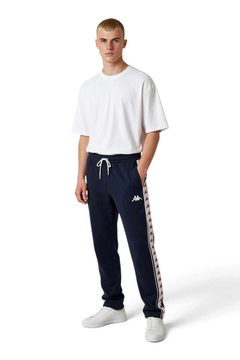 Sporline LC Waikiki x Kappa koyu lacivert, yanları şeritli, ipli belli, relax kesim erkek eşofman altı