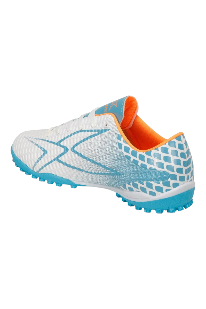 Sporline Kinetix Sergi beyaz ve turkuaz neon detaylı suni deri unisex krampon, arka yan görünüm.