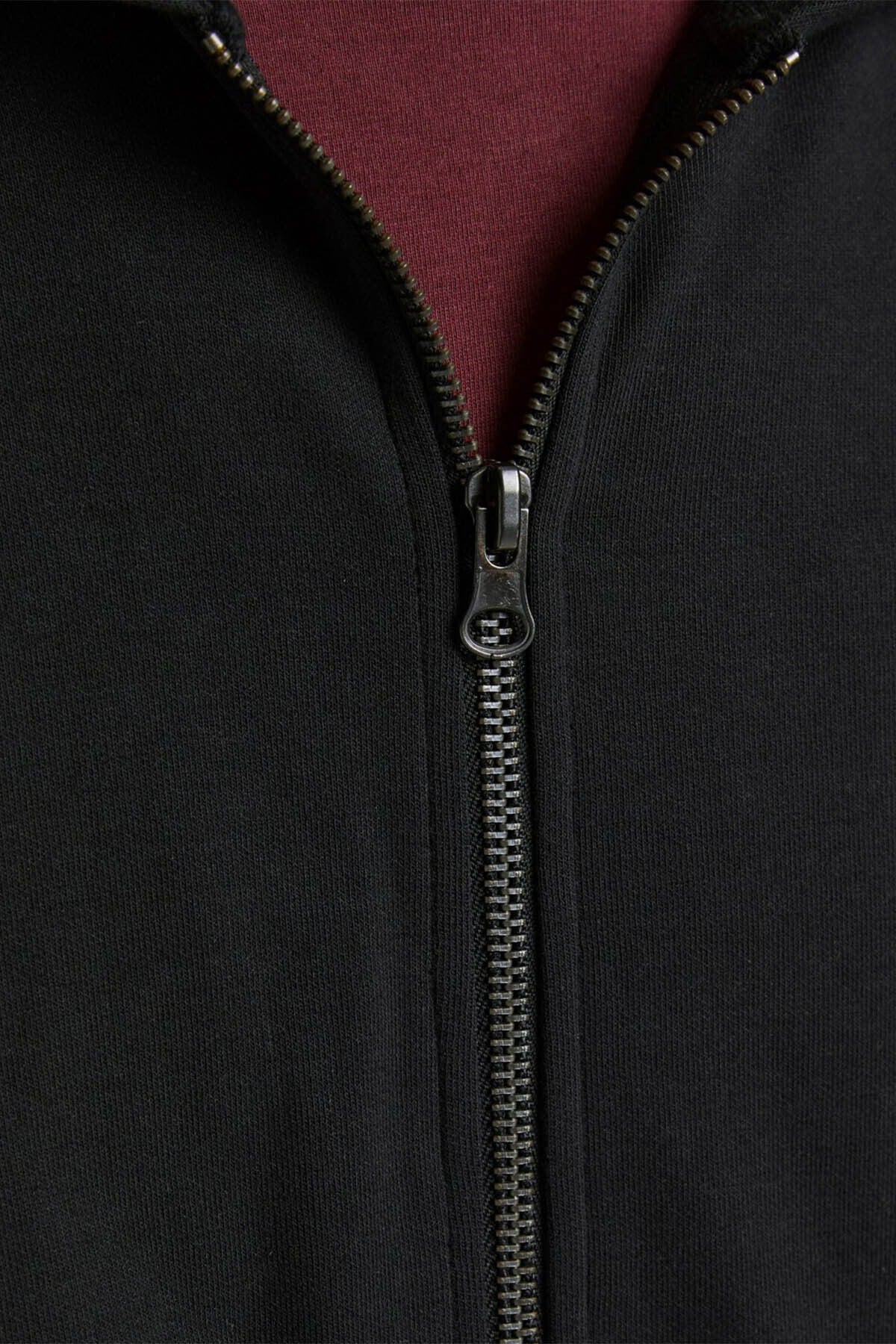 Jack & Jones Basic Erkek Fermuarlı Kapüşonlu Sweatshirt 12181901 - Siyah
