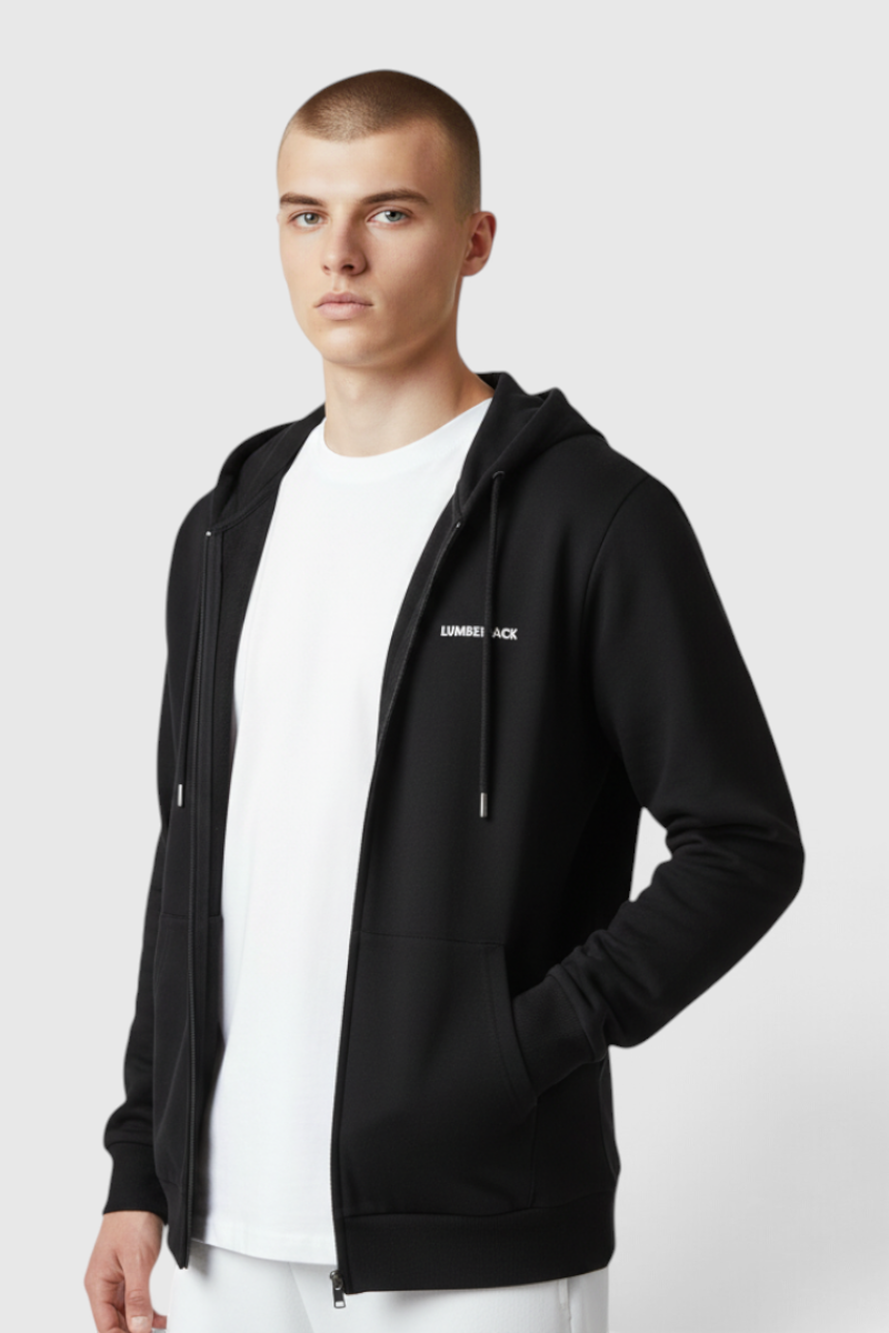 Sporline Lumberjack siyah fermuarlı kapüşonlu kadın sweatshirt, regular kesim ve göğüs kısmında logo detaylı