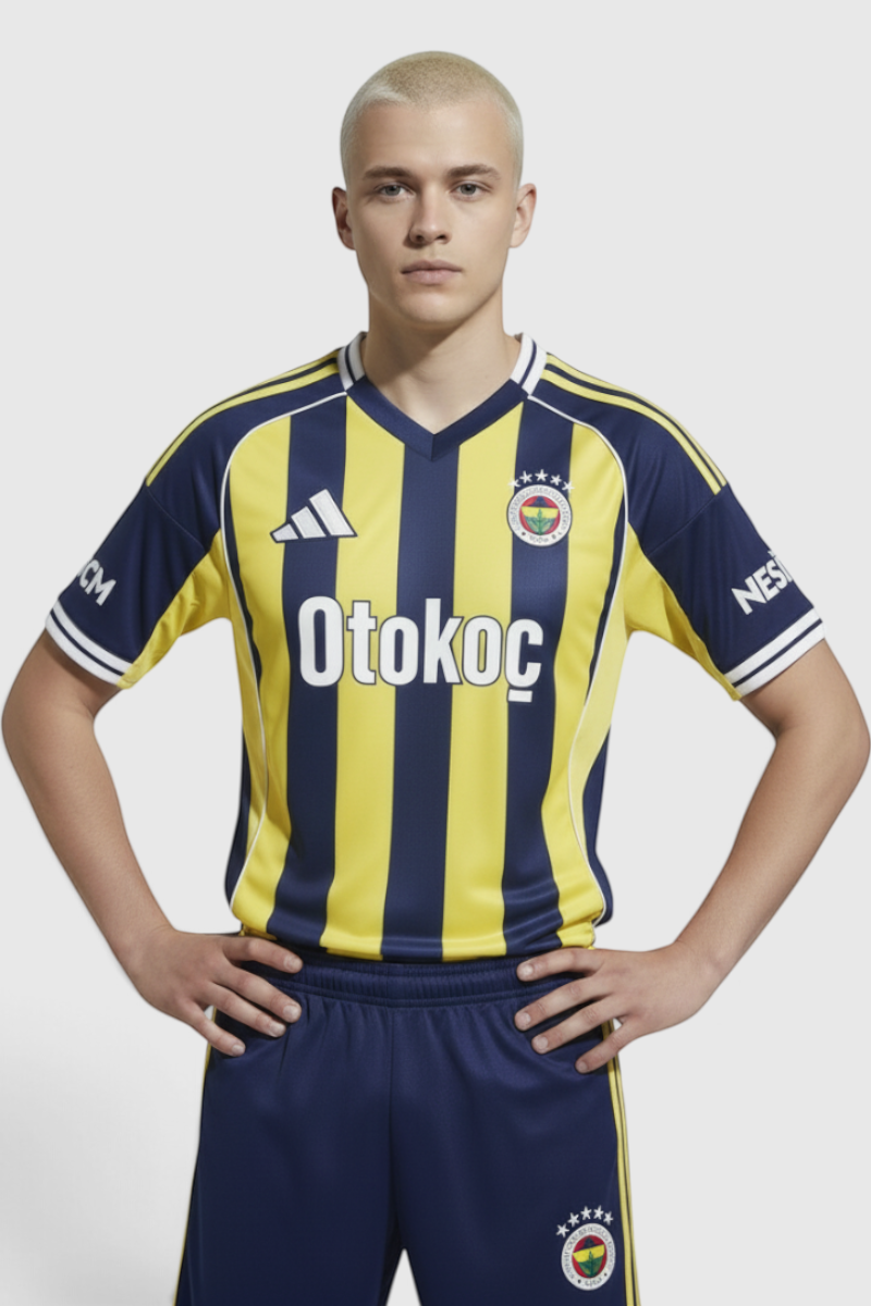 Sporline adidas sarı lacivert çubuklu erkek forma giyen kısa saçlı model