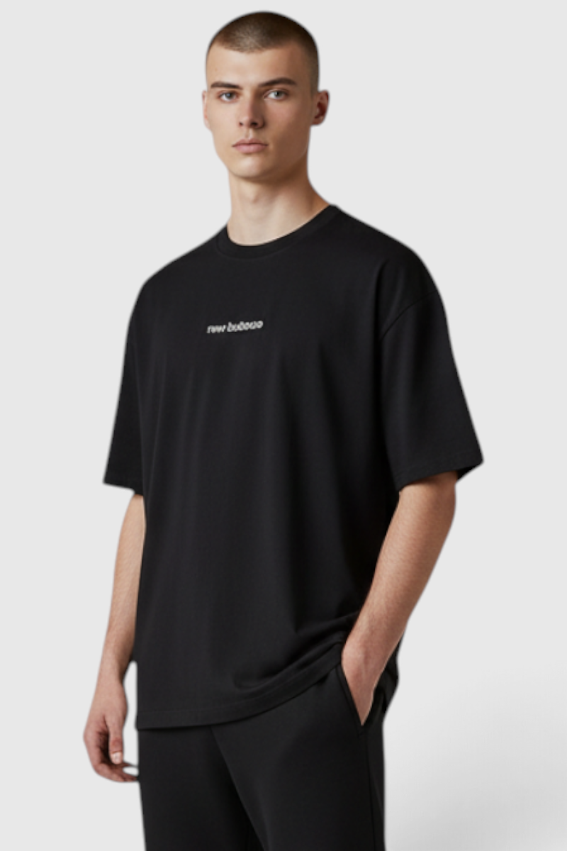 Sporline New Balance siyah renkli, pamuk-polyester karışımlı, regular kesim unisex tişört giyen erkek model