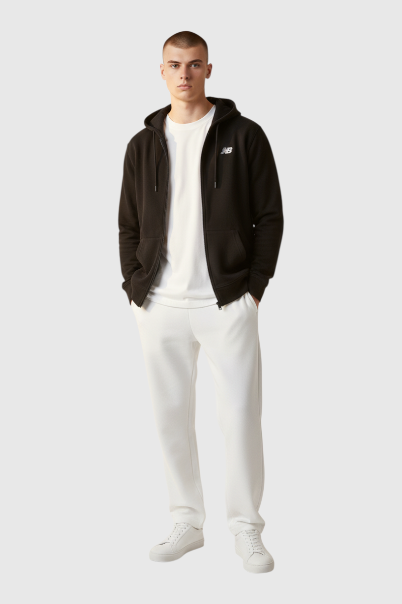 Sporline New Balance siyah fermuarlı kapüşonlu unisex polyester sweatshirt giyen erkek model