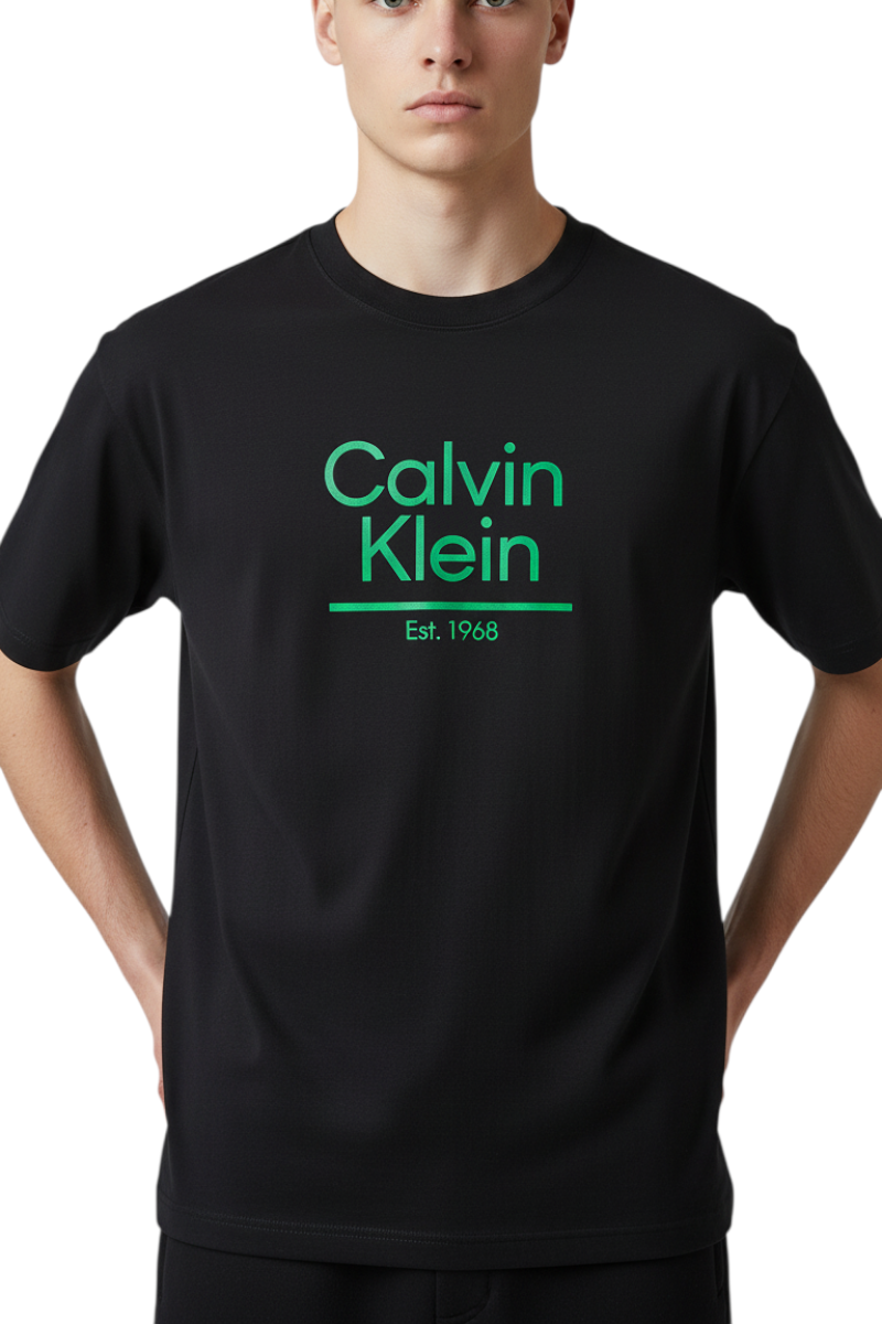 Sporline Calvin Klein siyah regular kesim %100 pamuk erkek tişört, yeşil logo baskılı