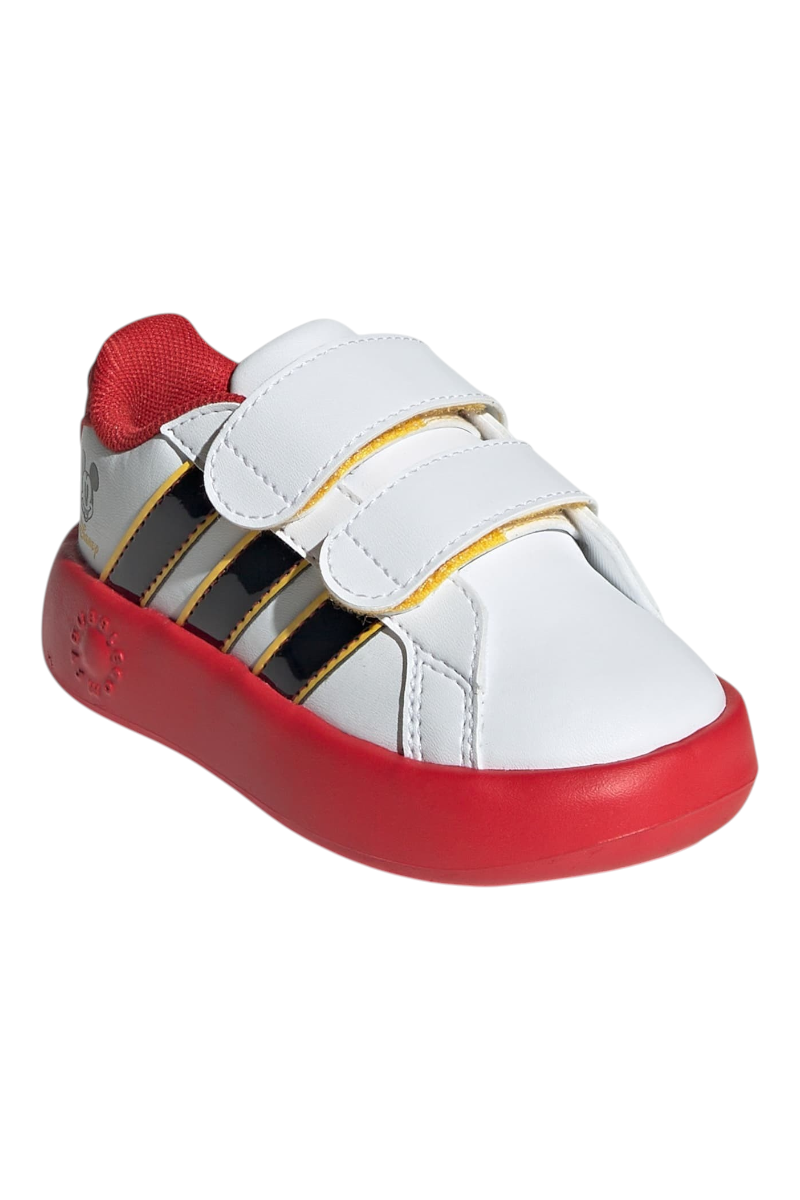 Sporline adidas Grand Court Mickey çocuk sneaker, beyaz suni deri ve inek derisi detaylı, kırmızı tabanlı cırt cırtlı