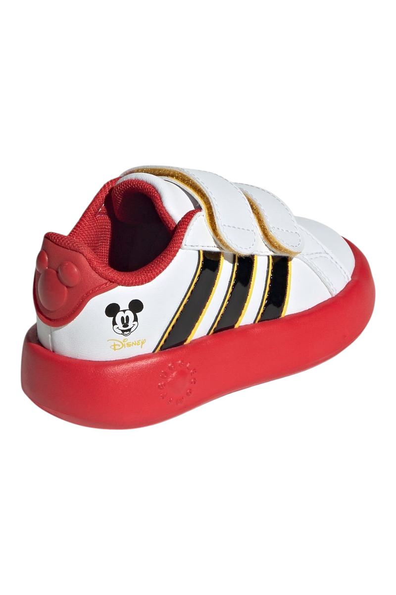 Sporline adidas Grand Court Mickey çocuk sneaker, beyaz suni deri ve inek derisi detaylı, kırmızı tabanlı cırt cırtlı