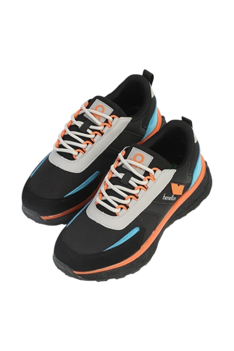 Sporline Benetton kadın siyah sneaker, turuncu ve mavi detaylı, bağcıklı spor ayakkabı.