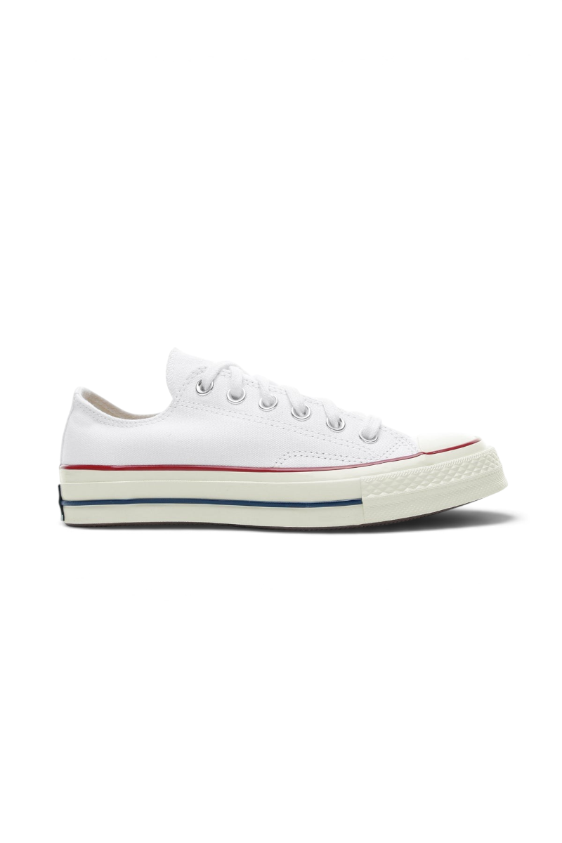 Sporline beyaz Converse Chuck 70 bileksiz kanvas spor ayakkabı, ikonik kauçuk burunlu ve kırmızı mavi çizgili tabanlı
