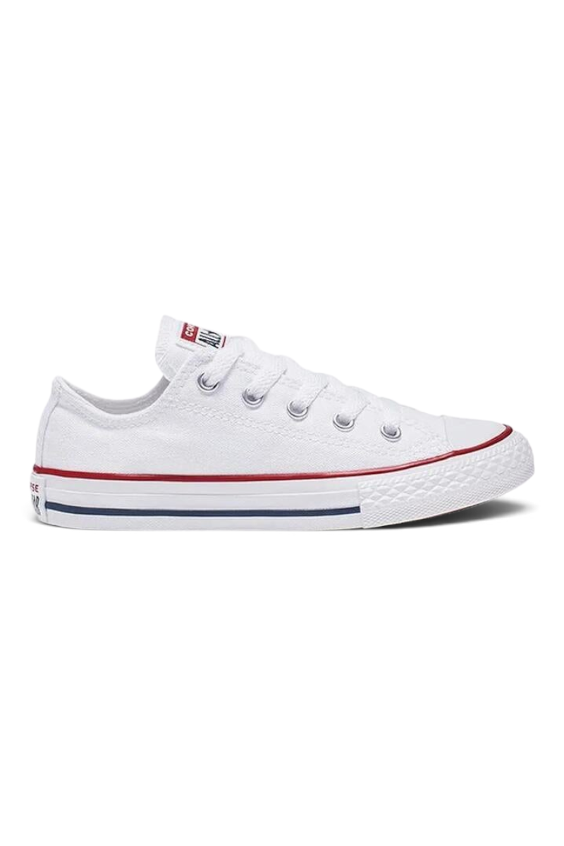 Sporline beyaz Converse Chuck Taylor All Star düşük bilekli kanvas spor ayakkabı, kırmızı ve lacivert şerit detaylı