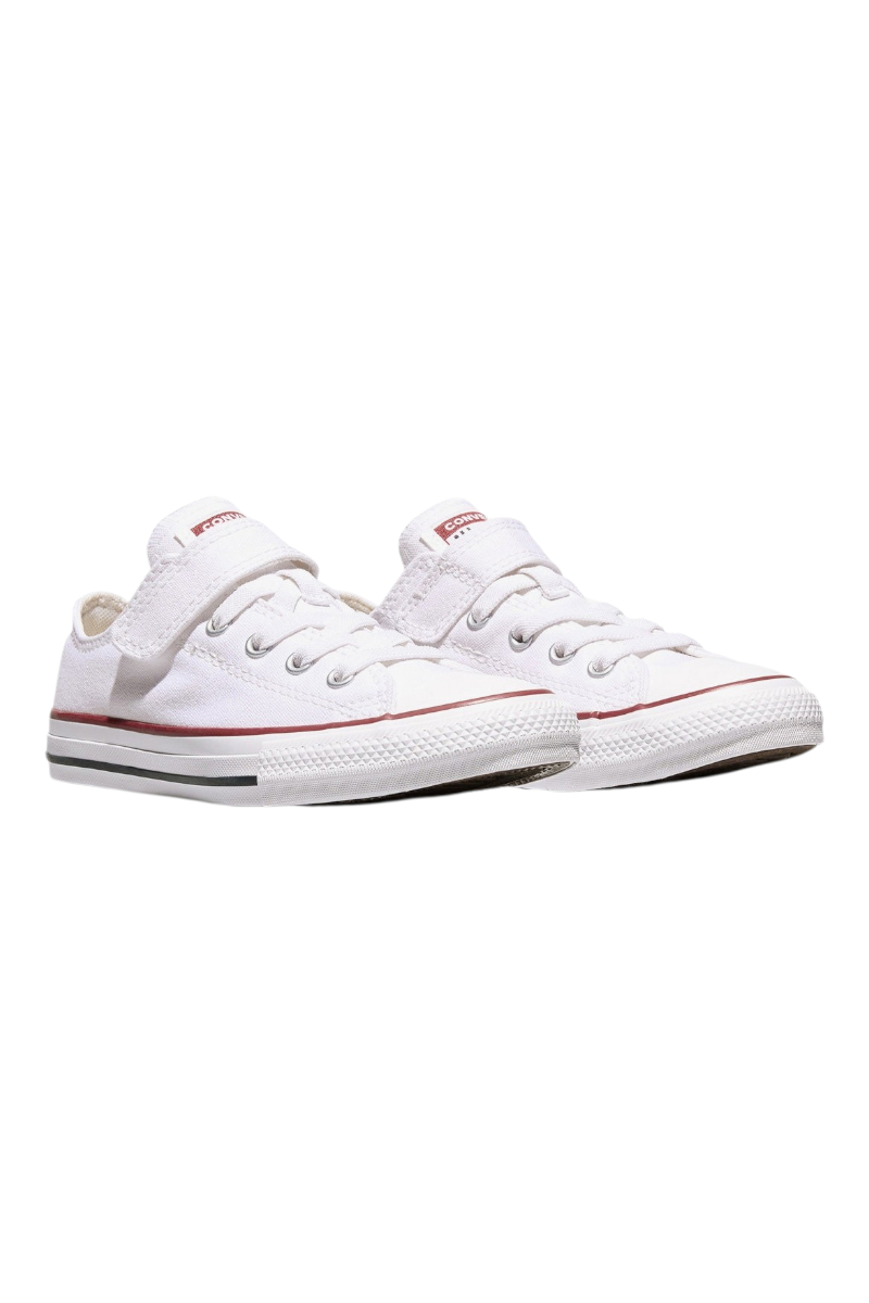 Sporline beyaz kanvas Converse Chuck Taylor All Star çocuk ayakkabısı, cırt cırtlı bantlı ve düşük bilekli tasarım.