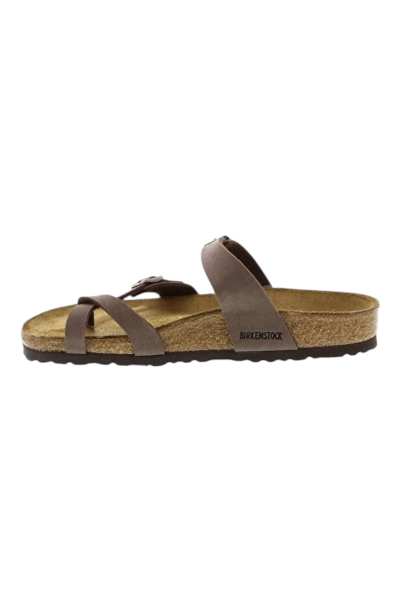 Sporline Birkenstock Mayari kadın terlik, kahverengi kum beji renginde, mantar tabanlı ve parmak arası tasarımlı.