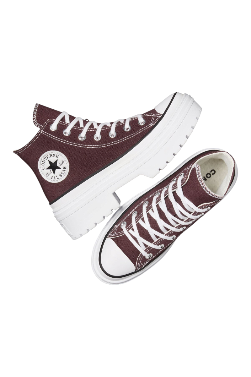 Sporline marka bordo renkli, yüksek tabanlı, bağcıklı Converse Chuck Taylor All Star Lugged kadın spor ayakkabı.