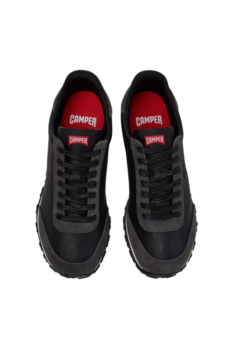 Sporline Camper Drift Walk siyah deri ve nubuk kadın spor ayakkabı, üstten görünüm