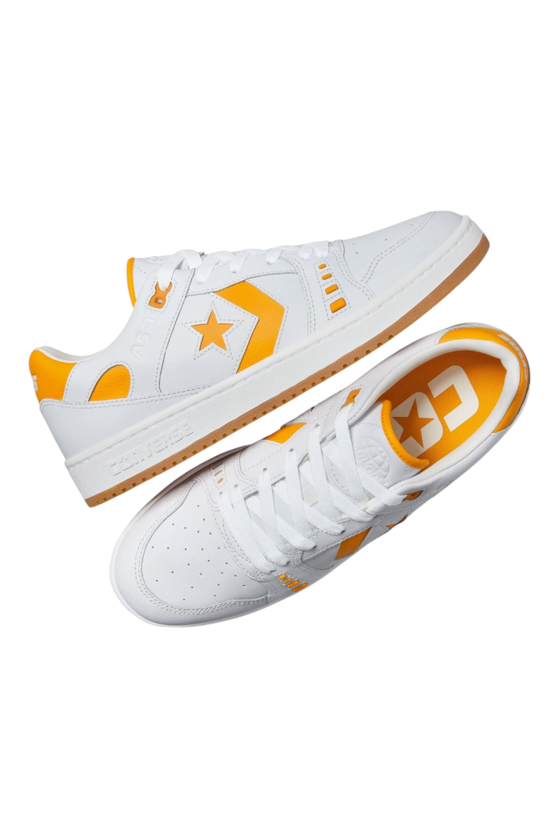 Sporline Converse AS-1 Pro beyaz ve sarı deri sneaker, yan ve üstten görünüm, kauçuk tabanlı klasik spor ayakkabı.