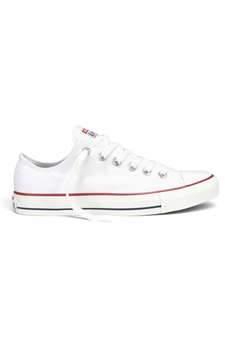 Sporline Converse Chuck Taylor All Star beyaz kanvas unisex spor ayakkabı, düz tabanlı ve ikonik kırmızı şeritli