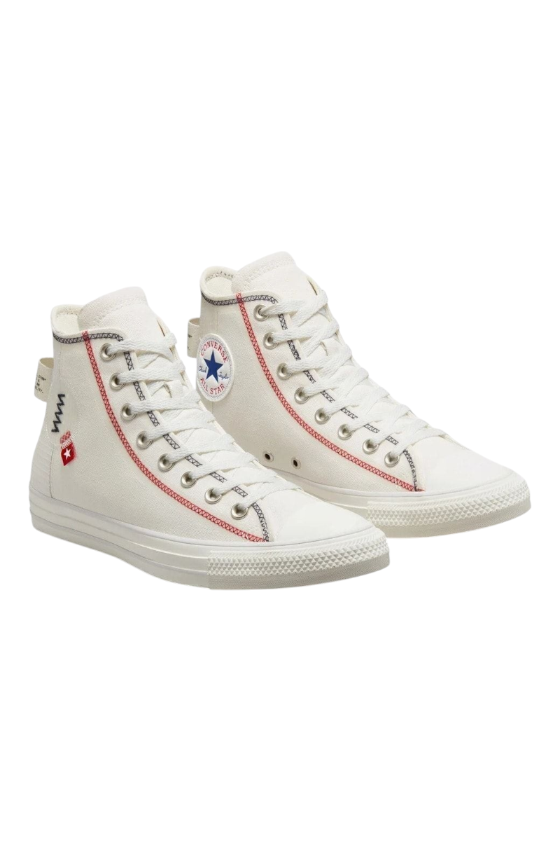Sporline Converse Chuck Taylor All Star krem rengi kanvas yüksek bilekli spor ayakkabı, kırmızı dikiş detaylı