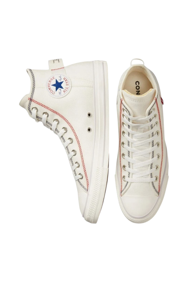 Sporline Converse Chuck Taylor All Star krem rengi kanvas yüksek bilekli spor ayakkabı, kırmızı dikiş detaylı