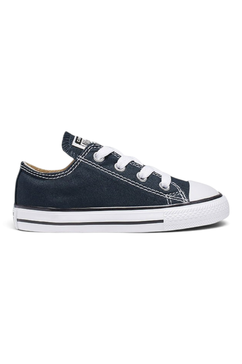 Sporline marka, koyu lacivert kanvas kumaşlı, beyaz bağcıklı ve kauçuk tabanlı Converse Chuck Taylor çocuk ayakkabısı