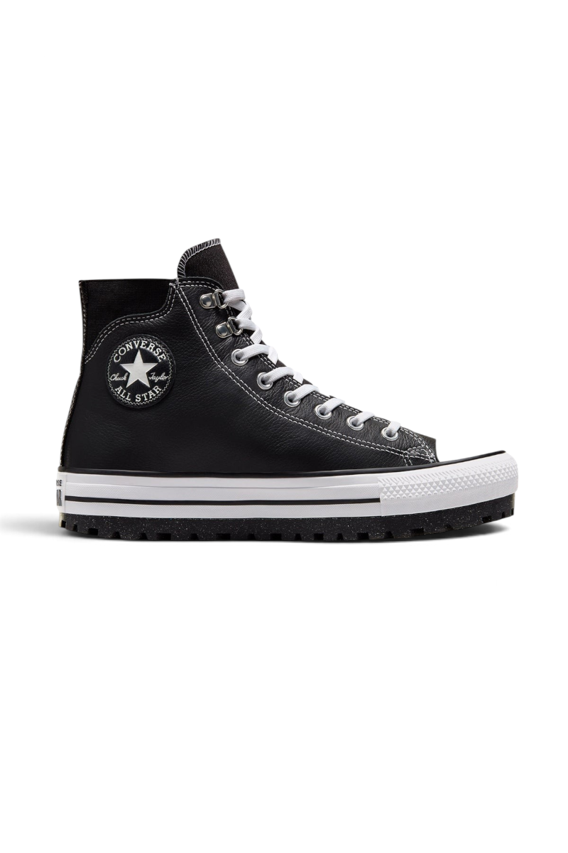 Sporline Converse City Trek siyah deri yüksek bilekli su geçirmez sneaker, tırtıklı taban ve Chuck Taylor logolu