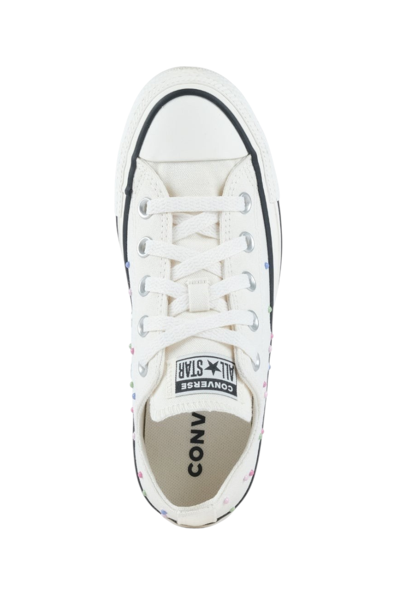 Sporline Converse Chuck Originals krem rengi kanvas spor ayakkabı, renkli detaylı üstten görünüm
