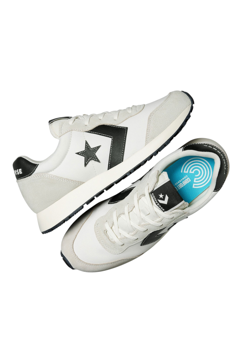 Sporline Converse Omega Trainer beyaz polyester unisex sneaker, siyah Star Chevron logolu ve konforlu iç tabanlı