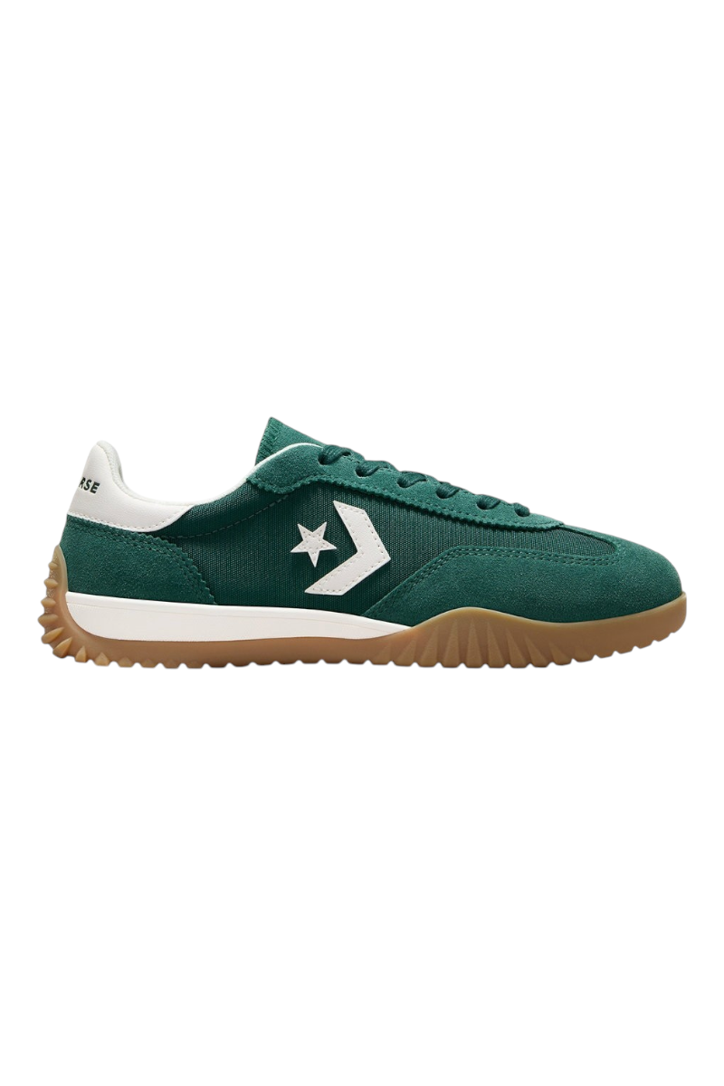 Sporline Converse Run Star Trainer yeşil süet spor ayakkabı, beyaz Star Chevron logolu ve kauçuk tabanlı yan görünüm