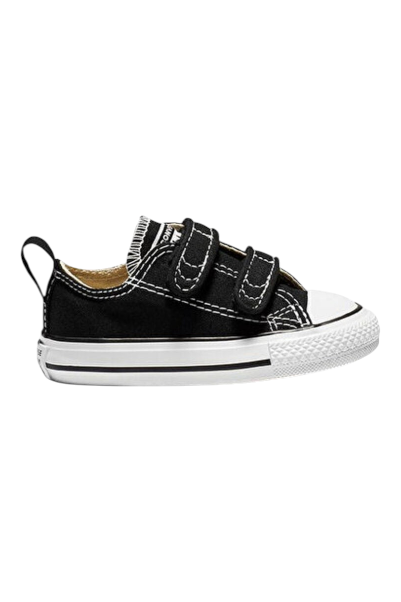 Sporline Converse Chuck Taylor All Star siyah kanvas çocuk ayakkabısı, cırt cırtlı bantlı ve beyaz burunlu tasarım