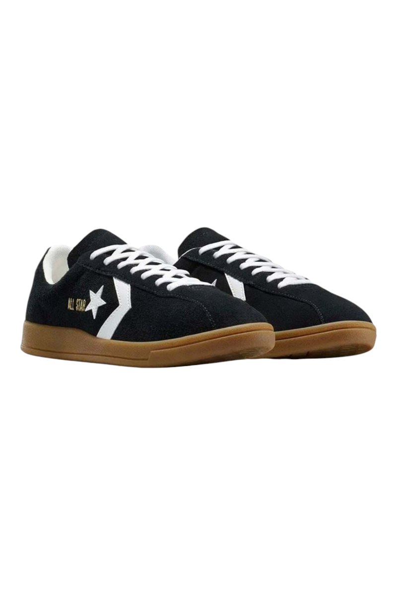 Sporline Converse All Star siyah süet kadın spor ayakkabı, beyaz detaylı ve kauçuk tabanlı retro tasarım.