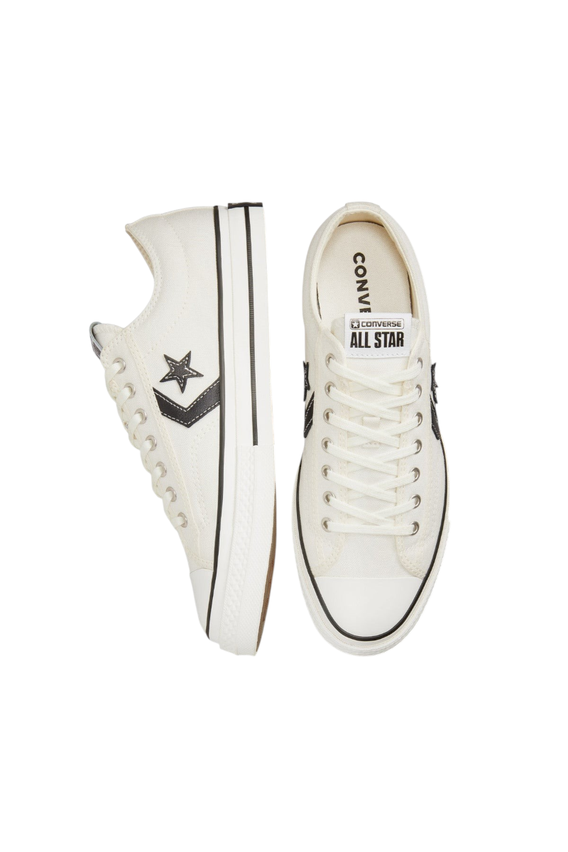 Sporline Converse Star Player 76 eskitilmiş beyaz kanvas spor ayakkabı, siyah ikonik yıldız ve şerit detaylı