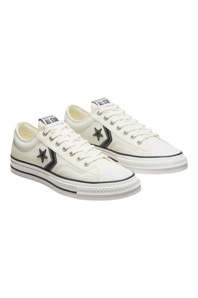 Sporline Converse Star Player 76 eskitilmiş beyaz kanvas erkek spor ayakkabı, siyah detaylı ve ikonik yıldız logolu