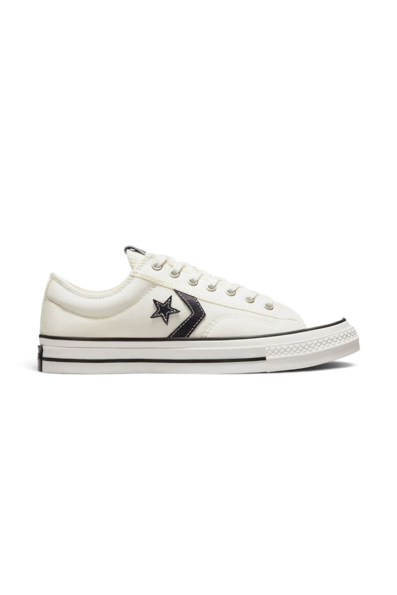 Sporline Converse Star Player 76 eskitilmiş beyaz kanvas spor ayakkabı, siyah ikonik yıldız V şerit detaylı