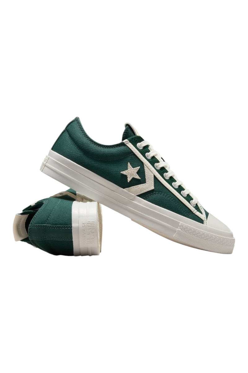Sporline Converse Star Player 76 yeşil deri düşük bilekli sneaker, beyaz bağcıklı ve ikonik Star Chevron logolu