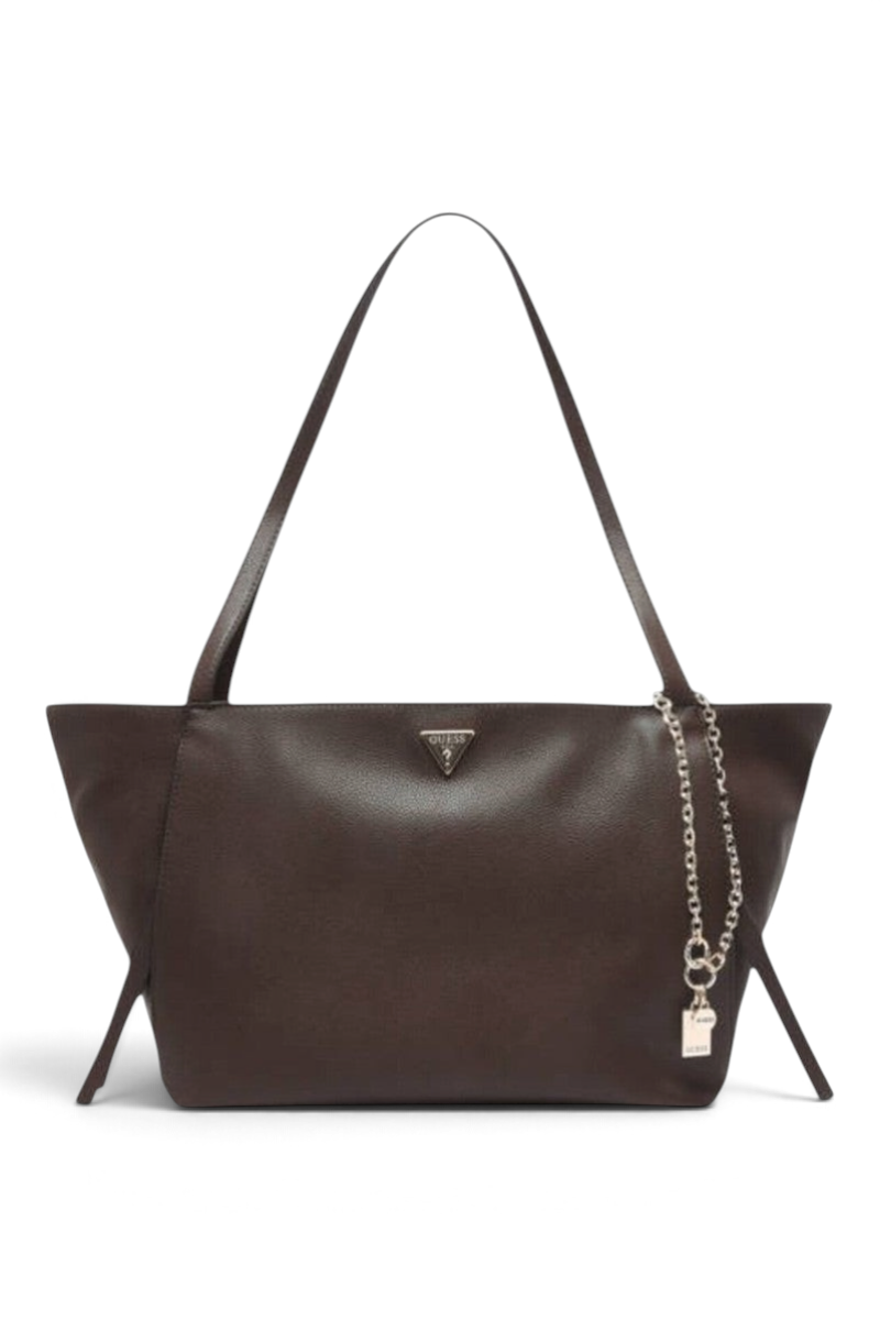Sporline GUESS Devon kahverengi kadın tote çanta, altın metal detaylı ve fermuarlı şık tasarım.