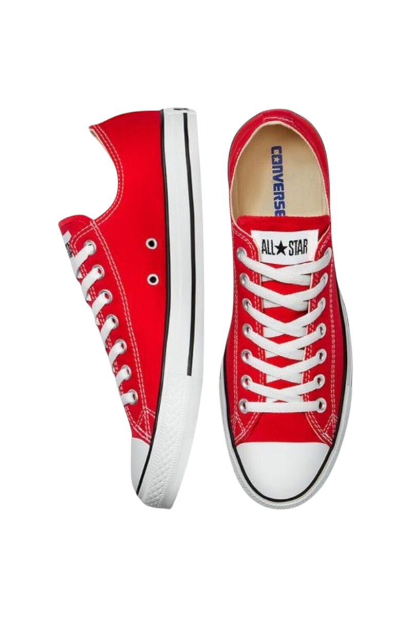 Sporline marka kırmızı kanvas Converse Chuck Taylor All Star unisex spor ayakkabı, beyaz bağcıklı ve tabanlı
