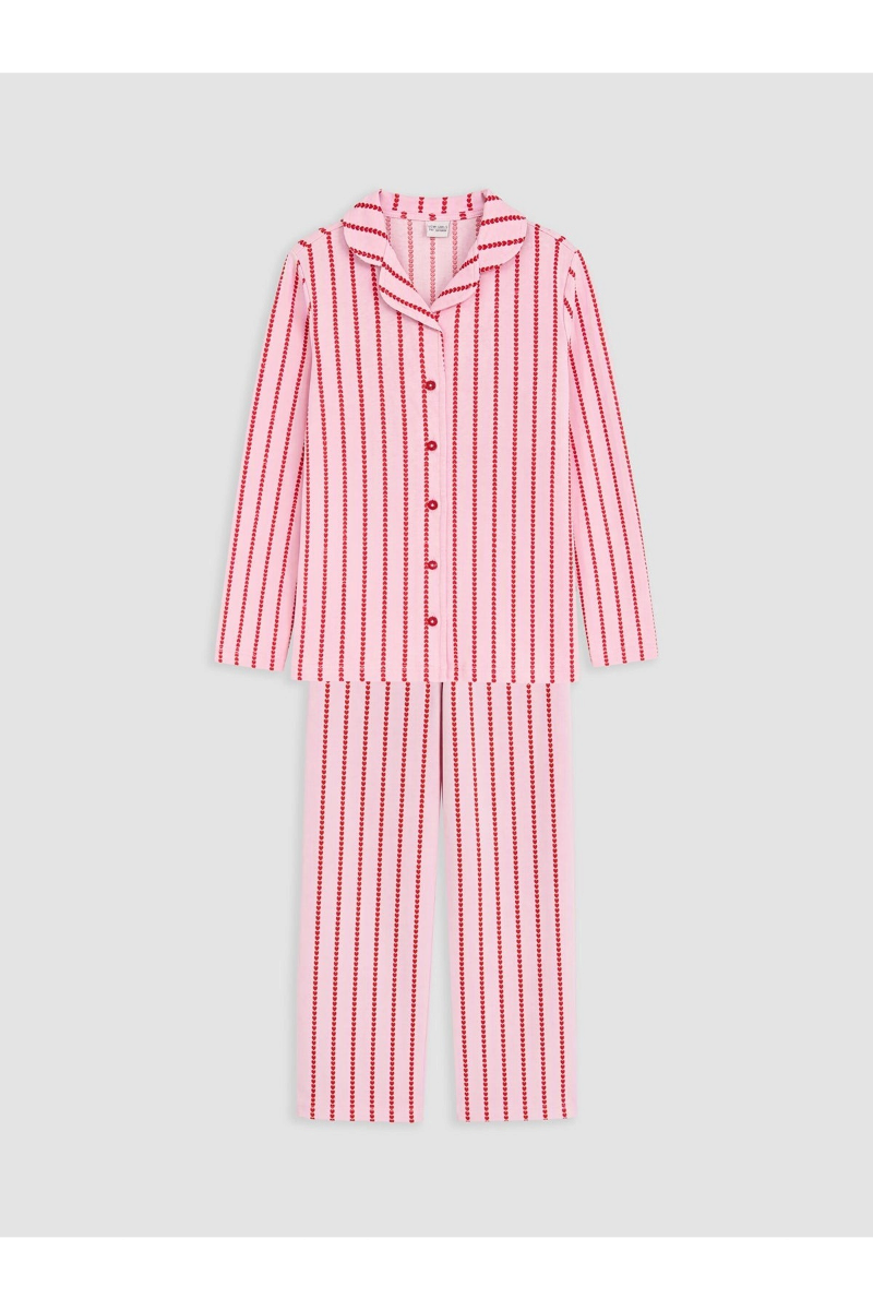Sporline LC Waikiki kız çocuk açık pembe renkli, kırmızı kalp desenli çizgili düğmeli pijama takımı